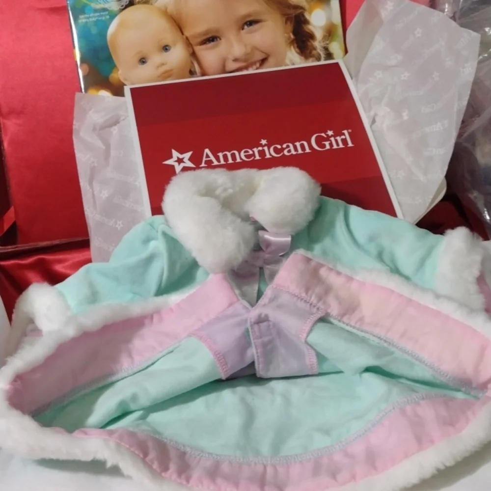 AMERICAN Girl Doll Fancy Velvet Mint Green Pink Bows Fur Cuffs Collar Bottom NWT - Picture 10 of 10